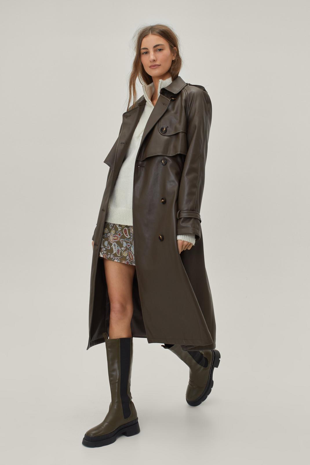 Dark brown Faux Leather Button Down Longline Trench Coat image number 1