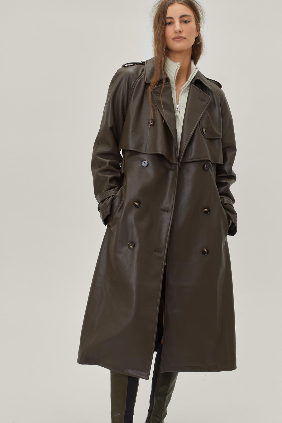 380 Faux Leather Button Down Longline Trench Coat image number 2