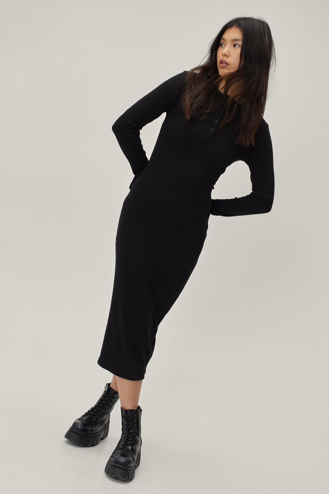 Black Button Down Long Sleeve Ribbed Midi Dress image number 1