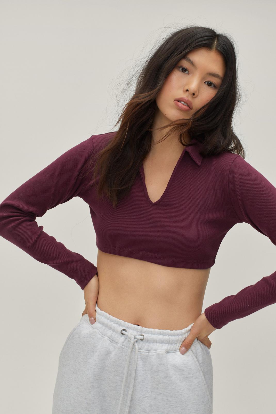 Midnight purple Crop Collared Long Sleeve Ribbed Top image number 1
