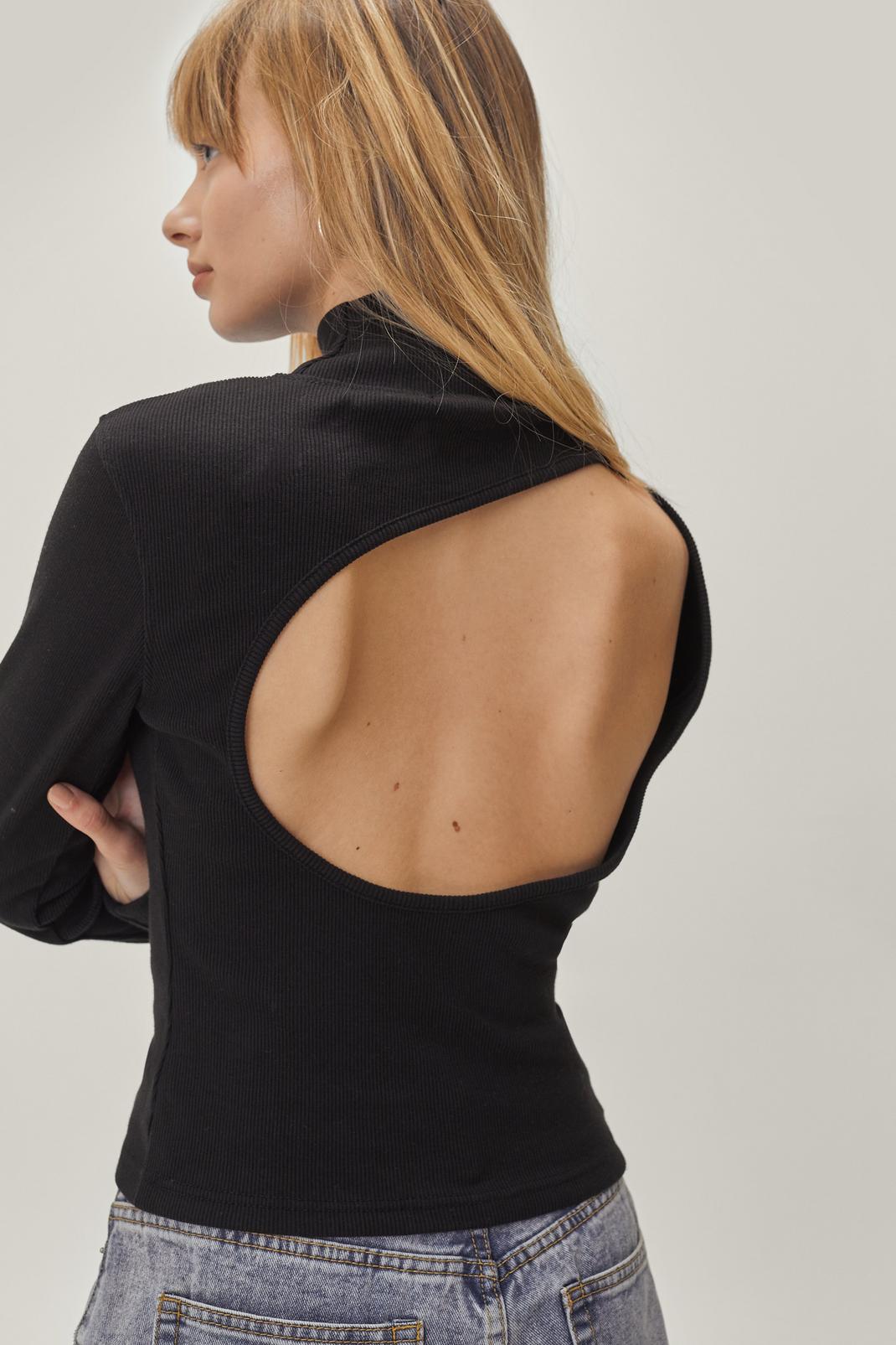 High Neck Open Back Ribbed Long Sleeve Top image number 1