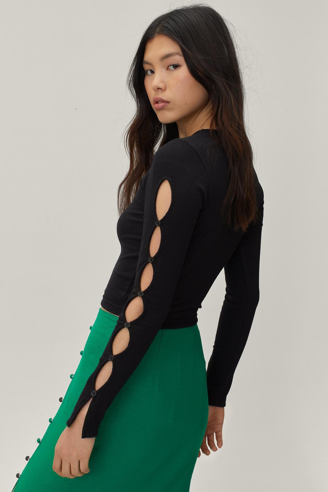 Black Cut Out Sleeve Long Sleeve Ribbed Top image number 1