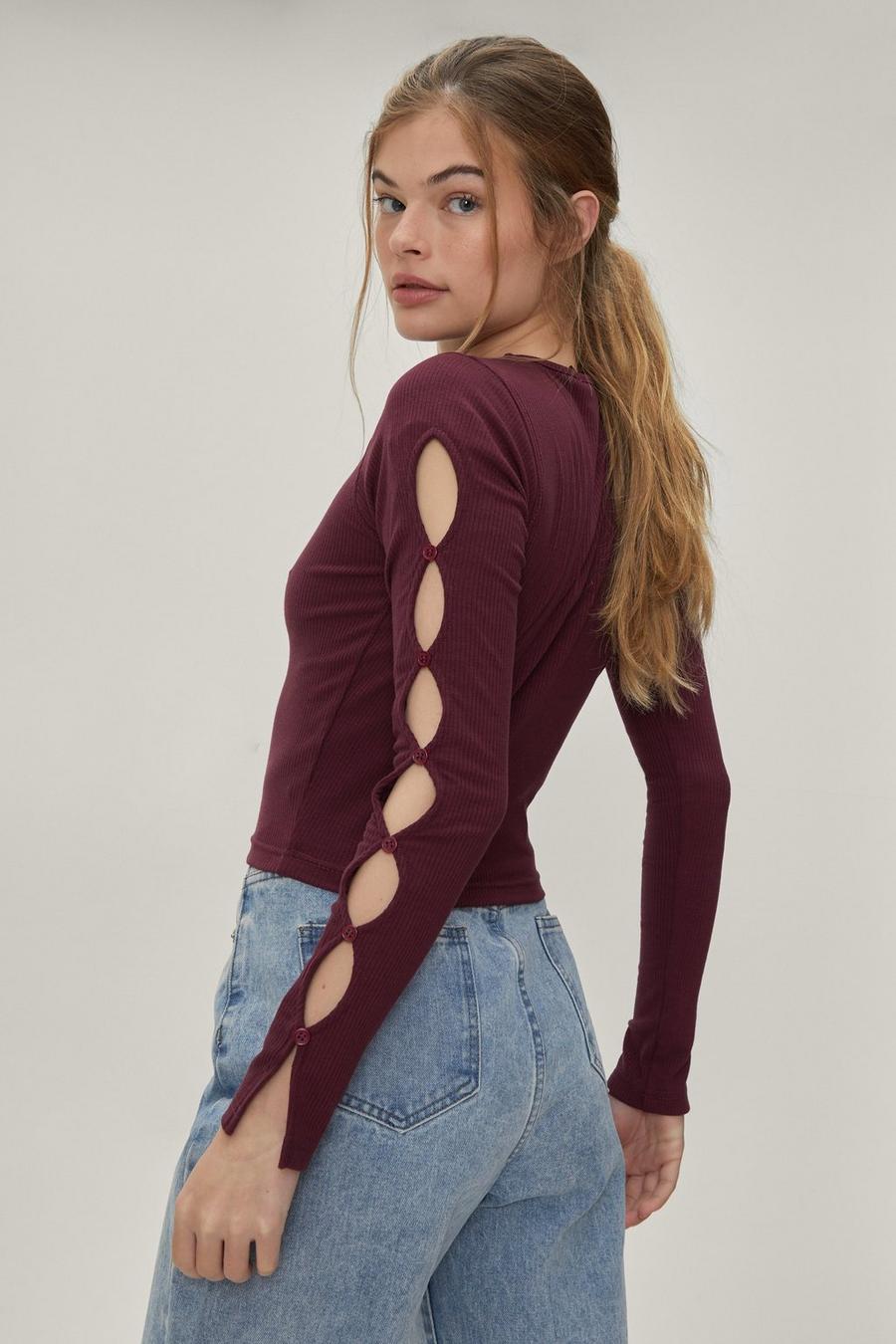 Cut Out Sleeve Long Sleeve Ribbed Top