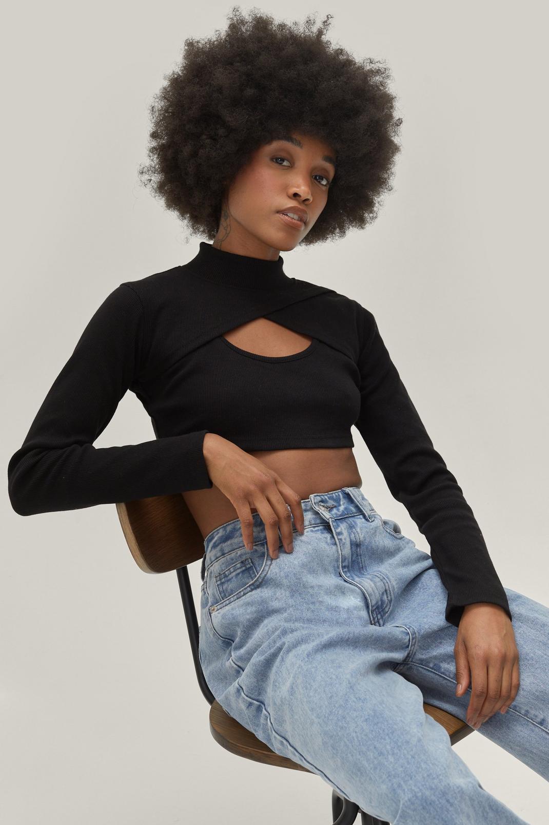 Petite Black Ribbed Roll Neck Top