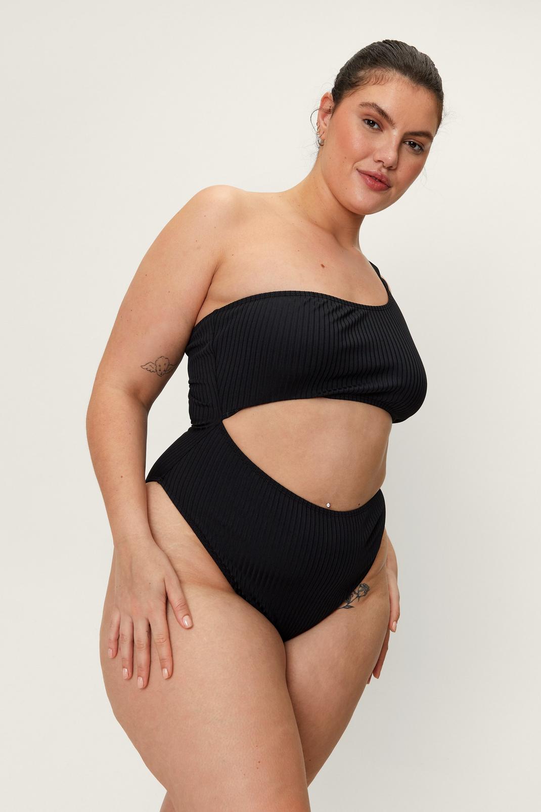 105 Plus Size Recycled Rib One Shoulder Swimsuit image number 2