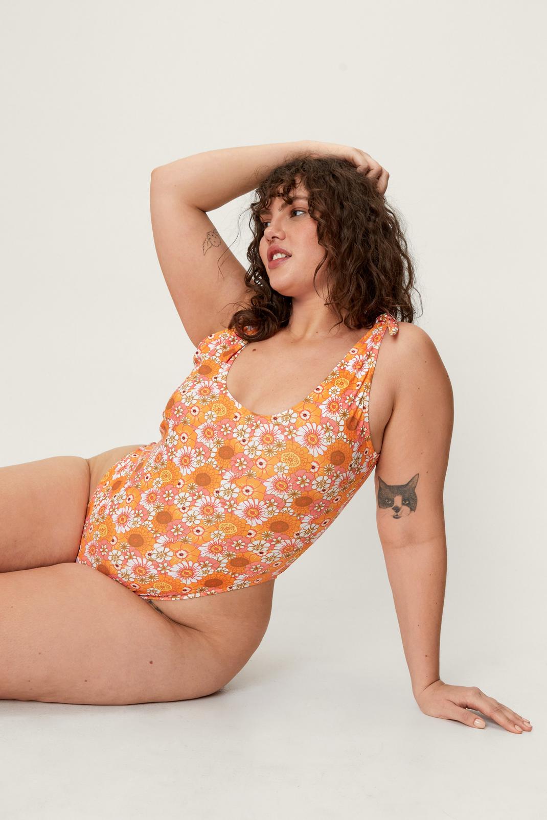 Orange Plus Size Recycled Floral Tie Shoulder Swimsuit image number 1