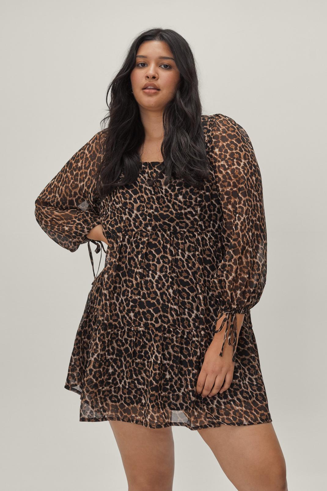 Brown Plus Size Leopard Print Smock Mini Dress image number 1