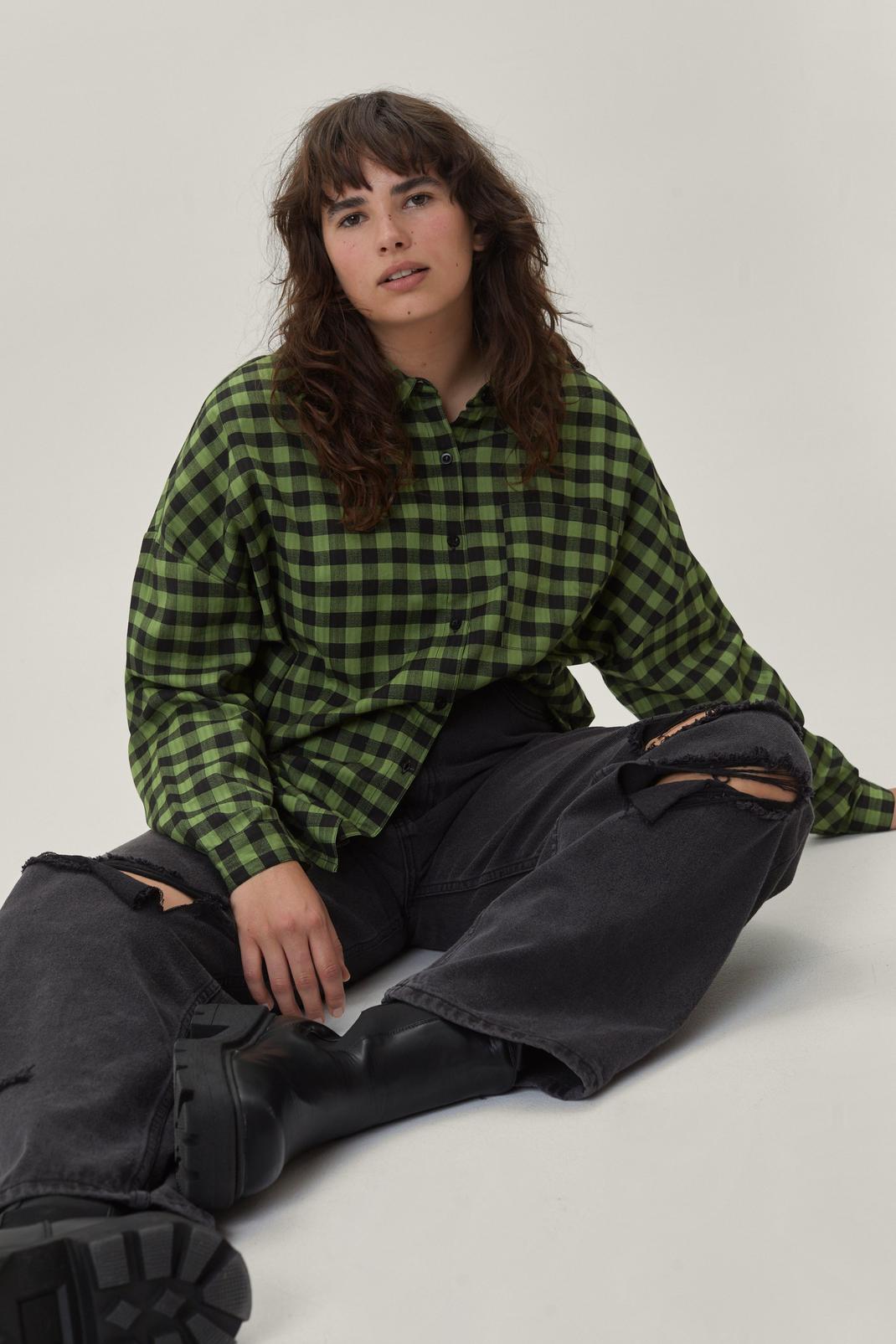 Green Plus Size Button Down Check Shirt image number 1