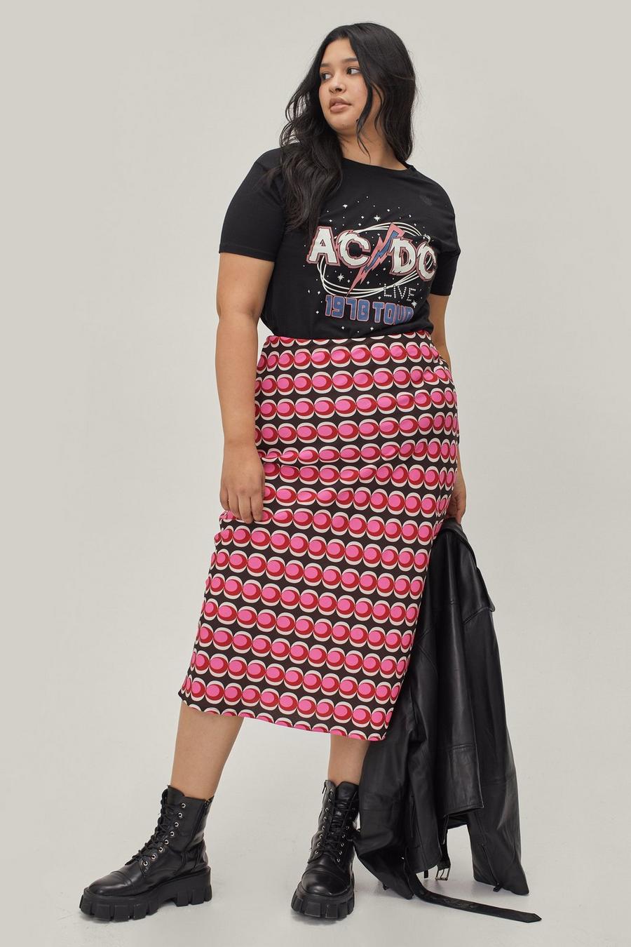 Plus Size Printed Satin Slip Midi Skirt