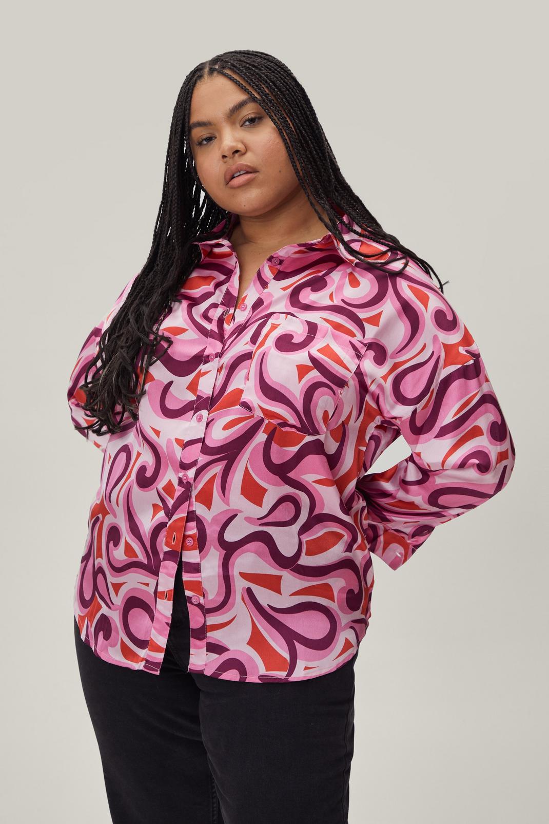 155 Plus Size Pink Abstract Satin Shirt image number 1