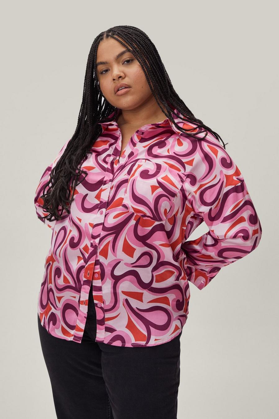 Plus Size Pink Abstract Satin Shirt
