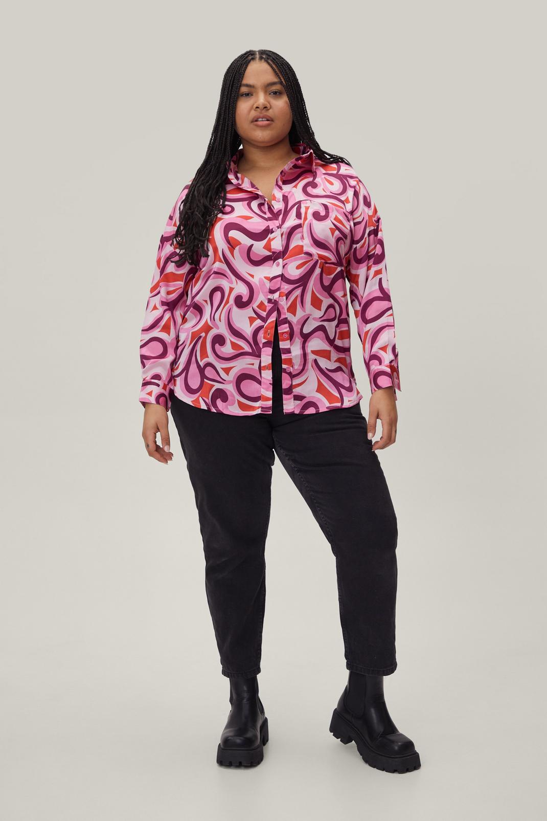 155 Plus Size Pink Abstract Satin Shirt image number 2