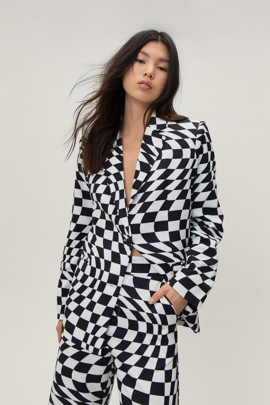 Warped Checkerboard Printed Tailored Blazer