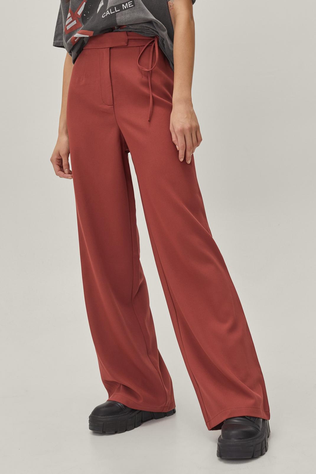 Burgundy Tie Waist Tailored Wide Leg Trousers image number 1