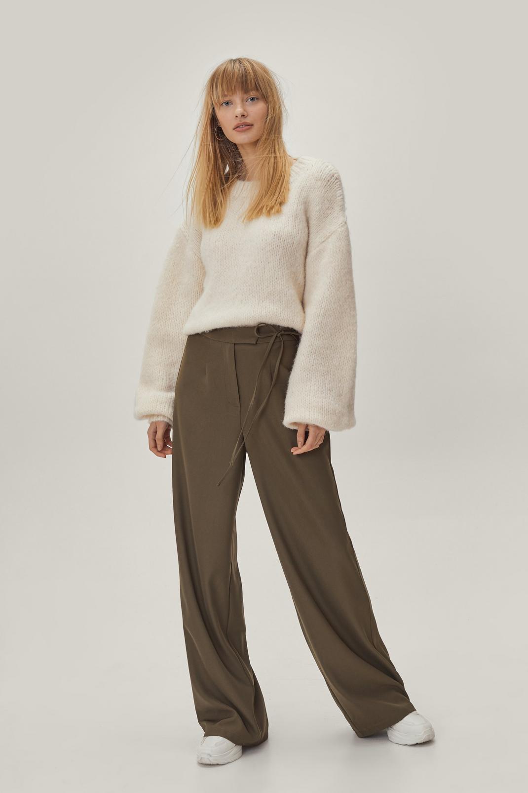 Khaki Tie Waist Tailored Wide Leg Trousers image number 1