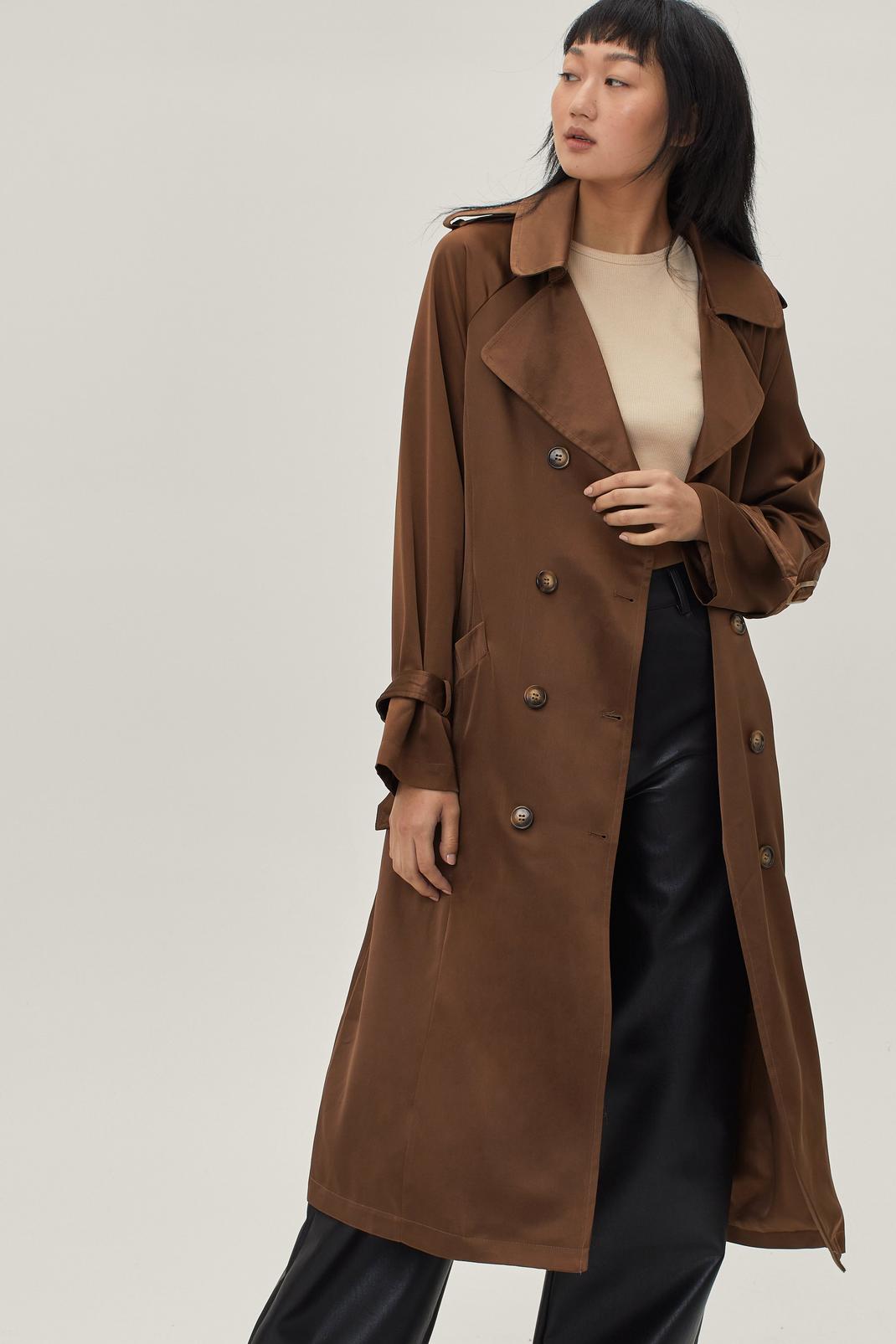 Choc brown Satin Longline Double Breasted Belted Trench Coat image number 1