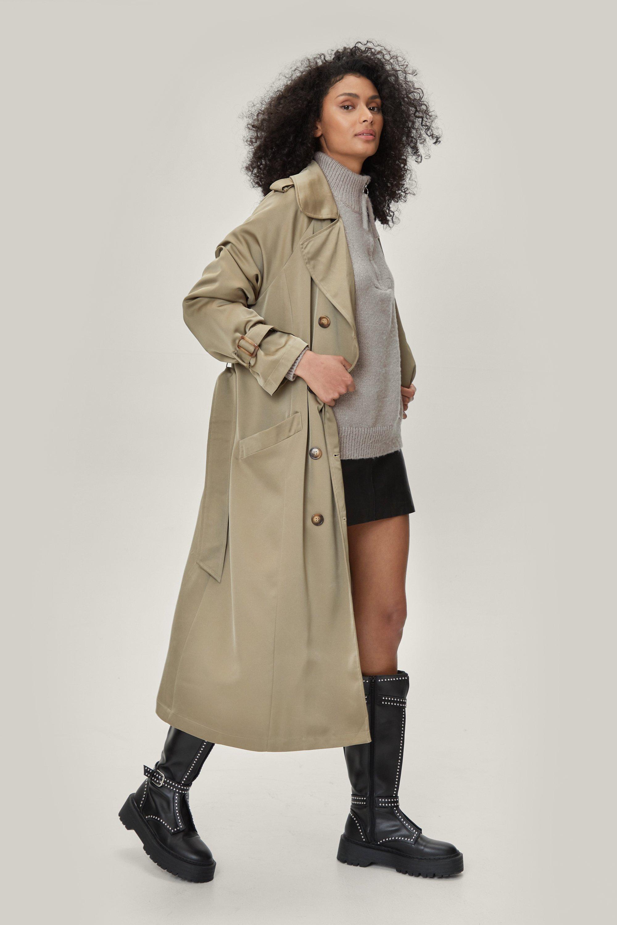 Khaki satin belted longline duster coat