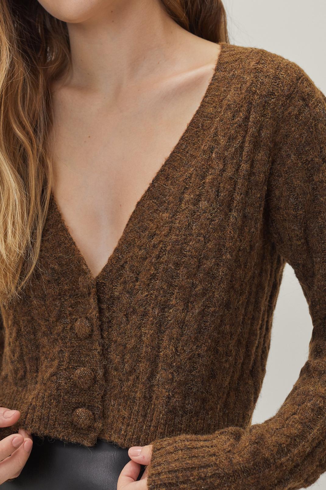 Chocolate Cable Knit Cropped Cardigan image number 1