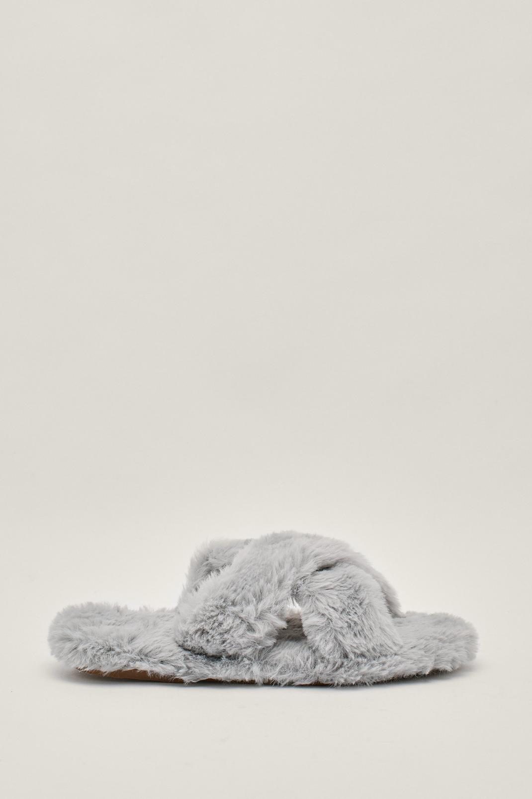 Grey Soft Faux Fur Crossover Slippers image number 1