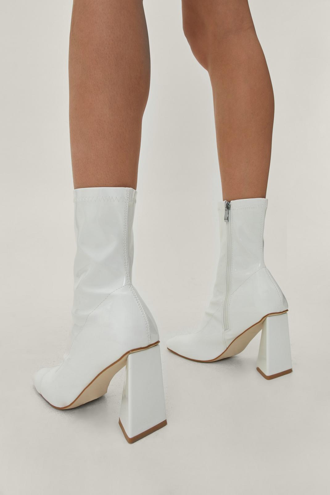 White Patent Faux Leather Ankle Block Heel Sock Boots image number 1
