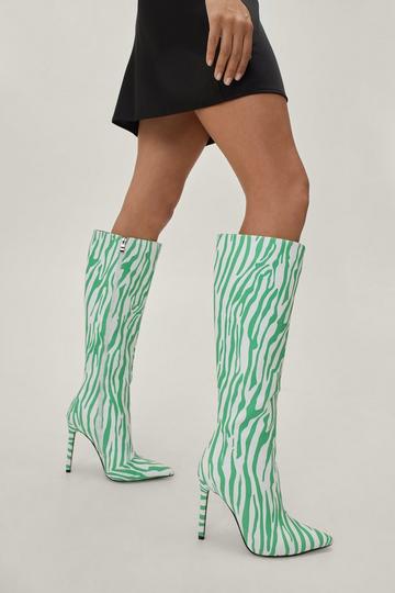Zebra Print Stiletto Knee High Boots green