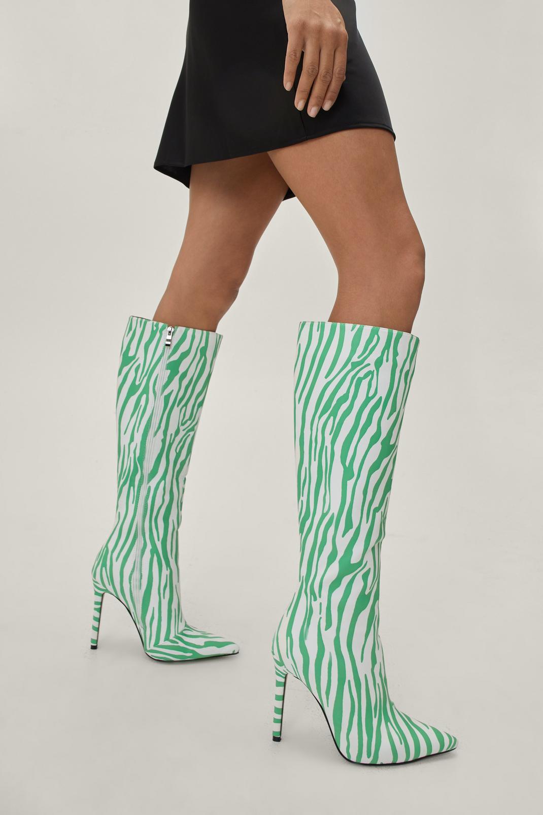 Green Zebra Print Stiletto Knee High Boots image number 1