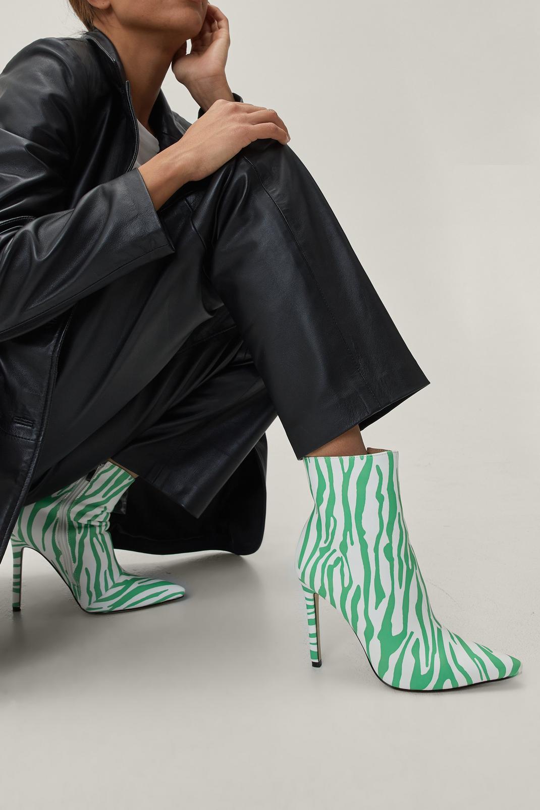 Green Zebra Print Stiletto Ankle Boots image number 1