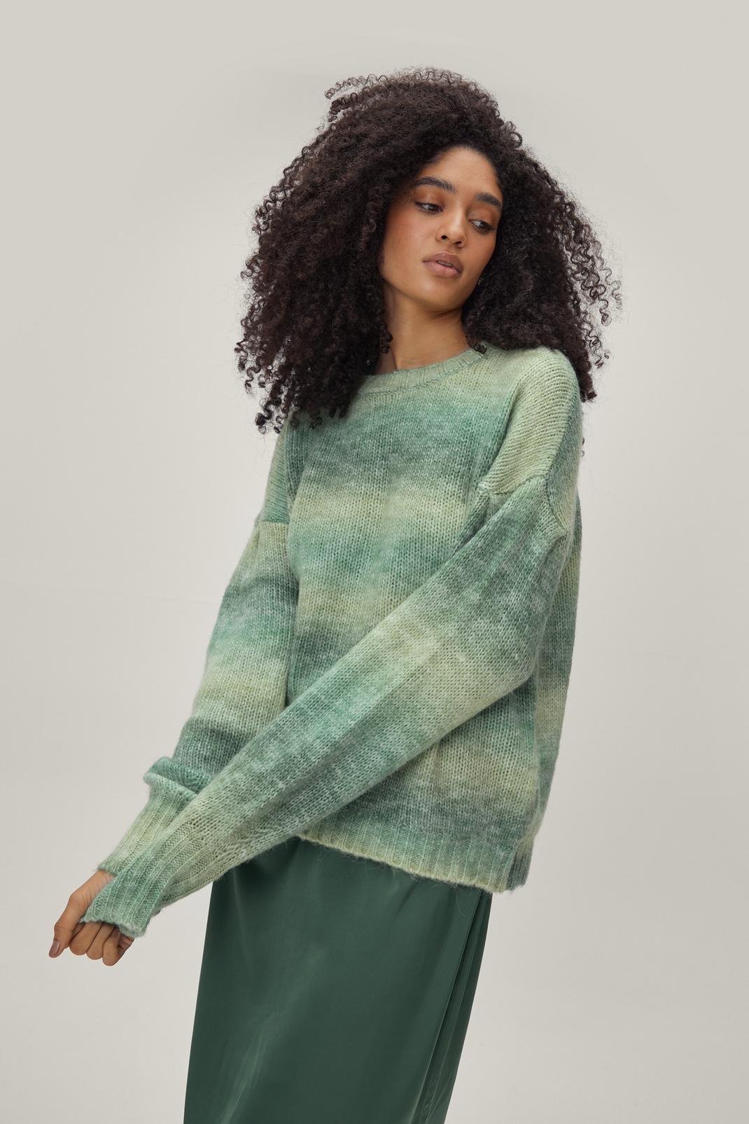 Green Ombre Crew Neck Relaxed Long Sleeve Sweater image number 1