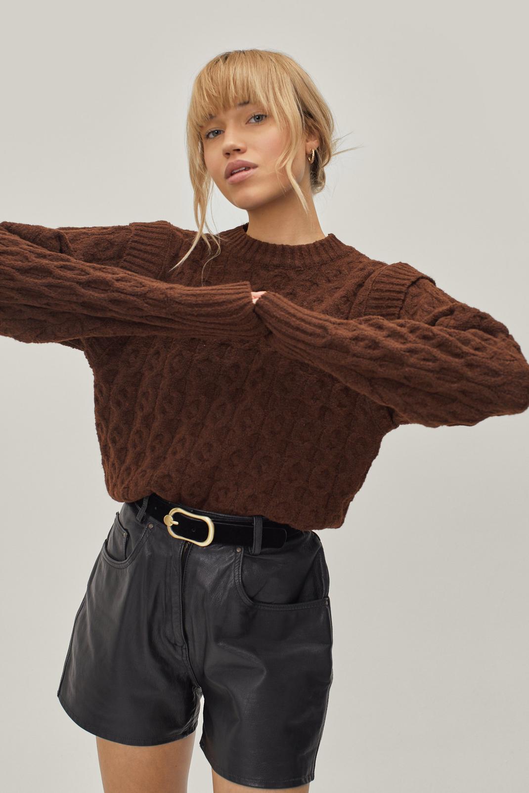 Chocolate Cable Knit Shoulder Detail Sweater  image number 1