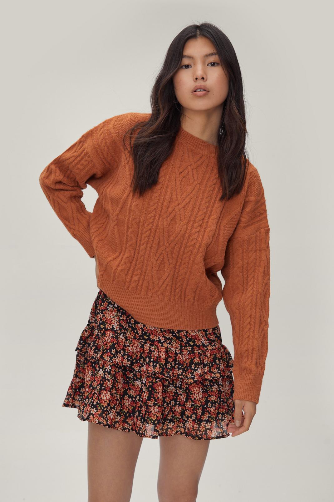 Biscuit Crew Neck Boxy Cable Knit Jumper image number 1