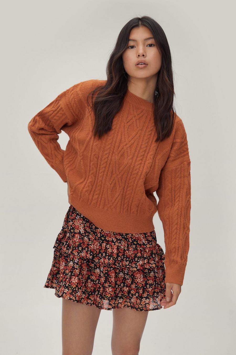 Crew Neck Boxy Cable Knit Sweater