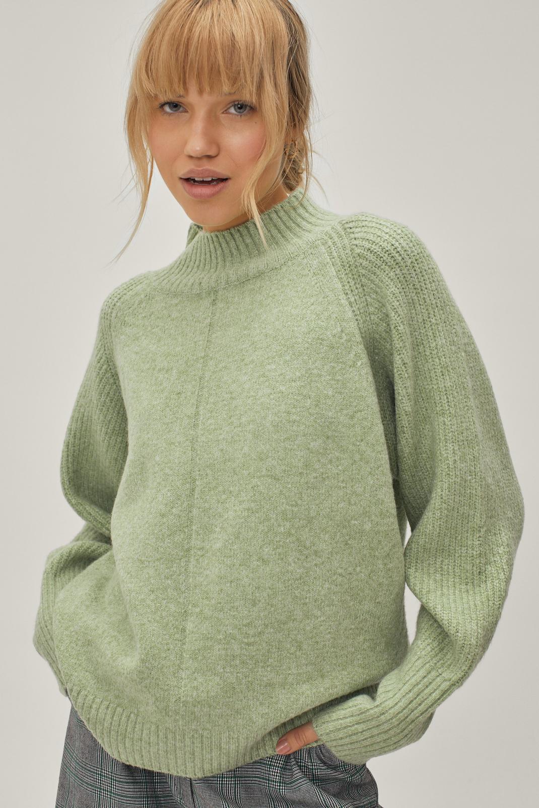 Olive Ribbed Funnel Neck Long Sleeve Sweater  image number 1