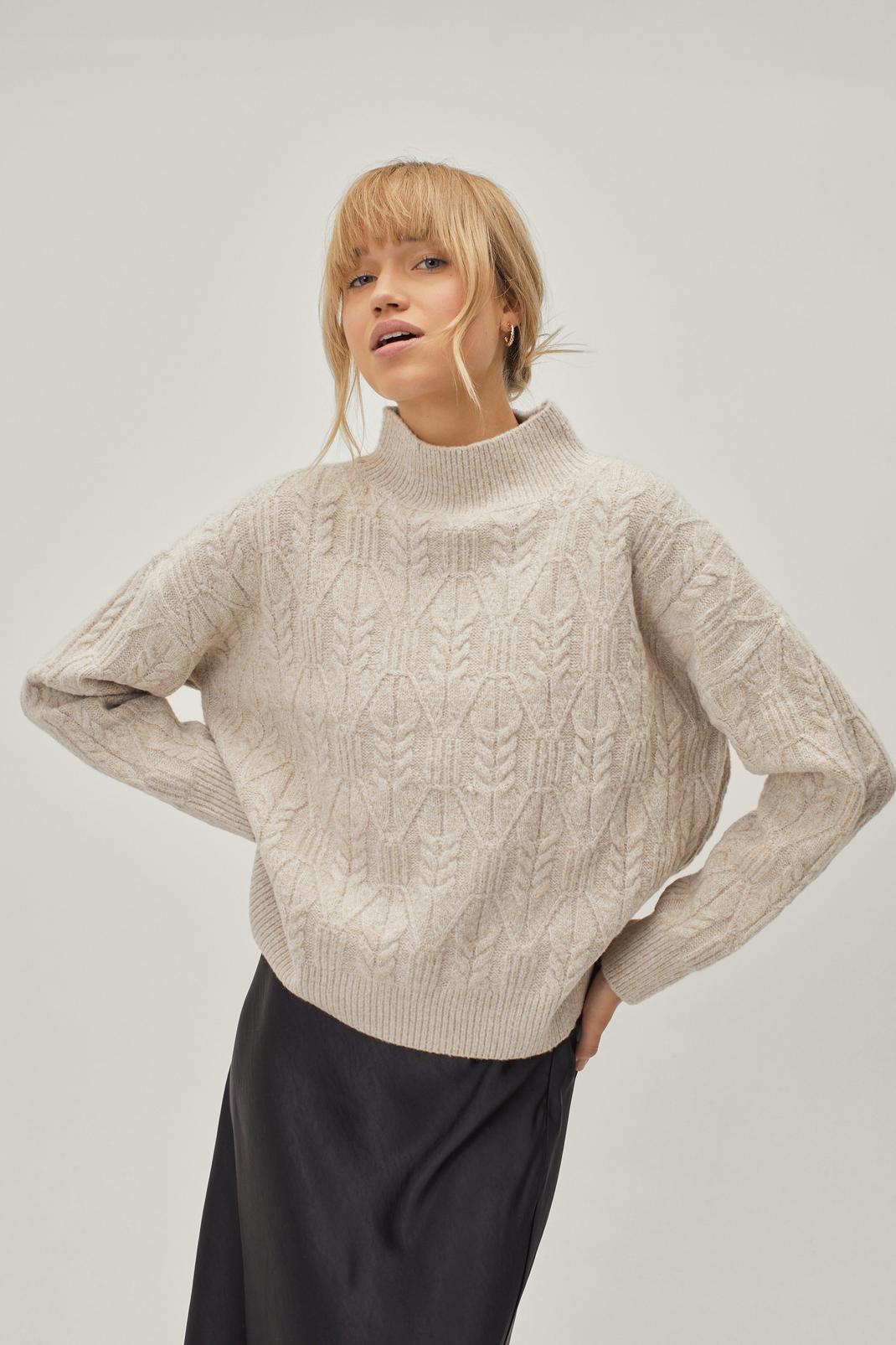 Cream Recycled Roll Neck Cable Knit Sweater image number 1