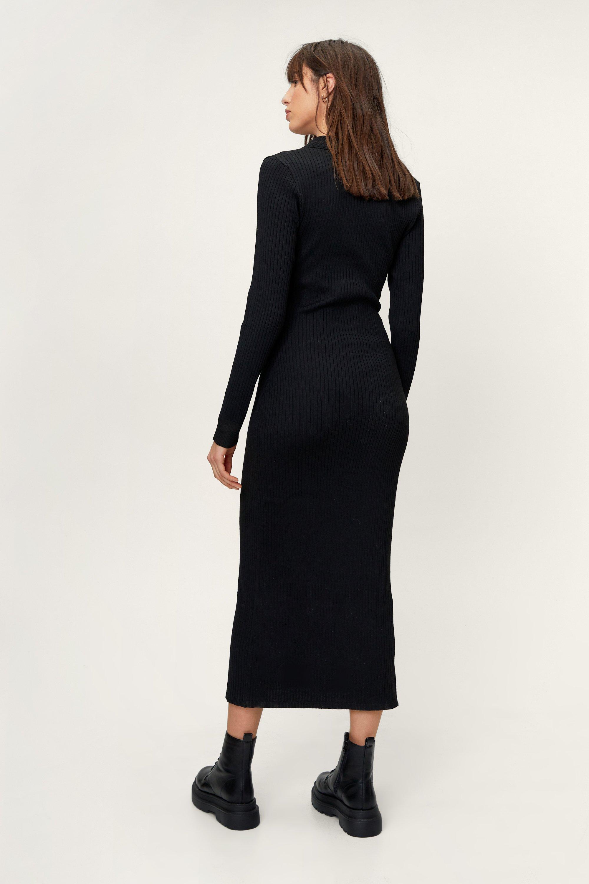 Collar Detail Button Knitted Rib Maxi Dress | Nasty Gal