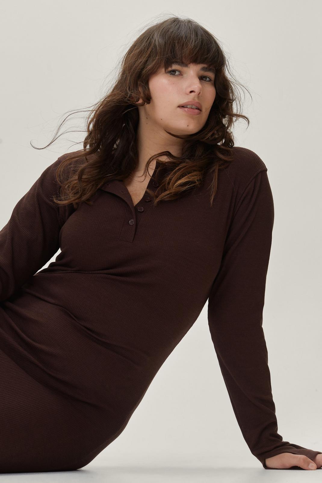 Chocolate Plus Button Down Rib Long Sleeve Midaxi Dress image number 1