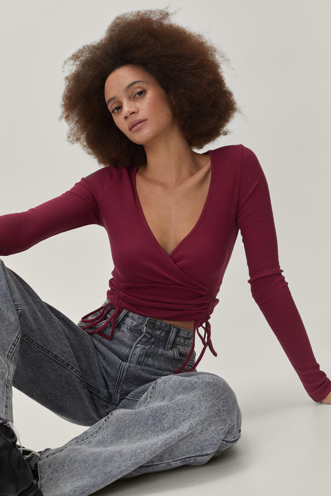 Berry Front Ruched Long Sleeve Crop Top image number 1