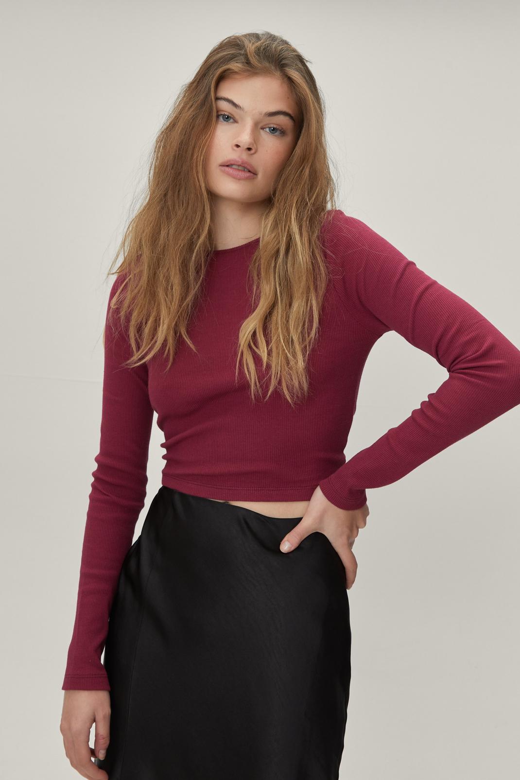 Berry Long Sleeve Ribbed Crop Top image number 1