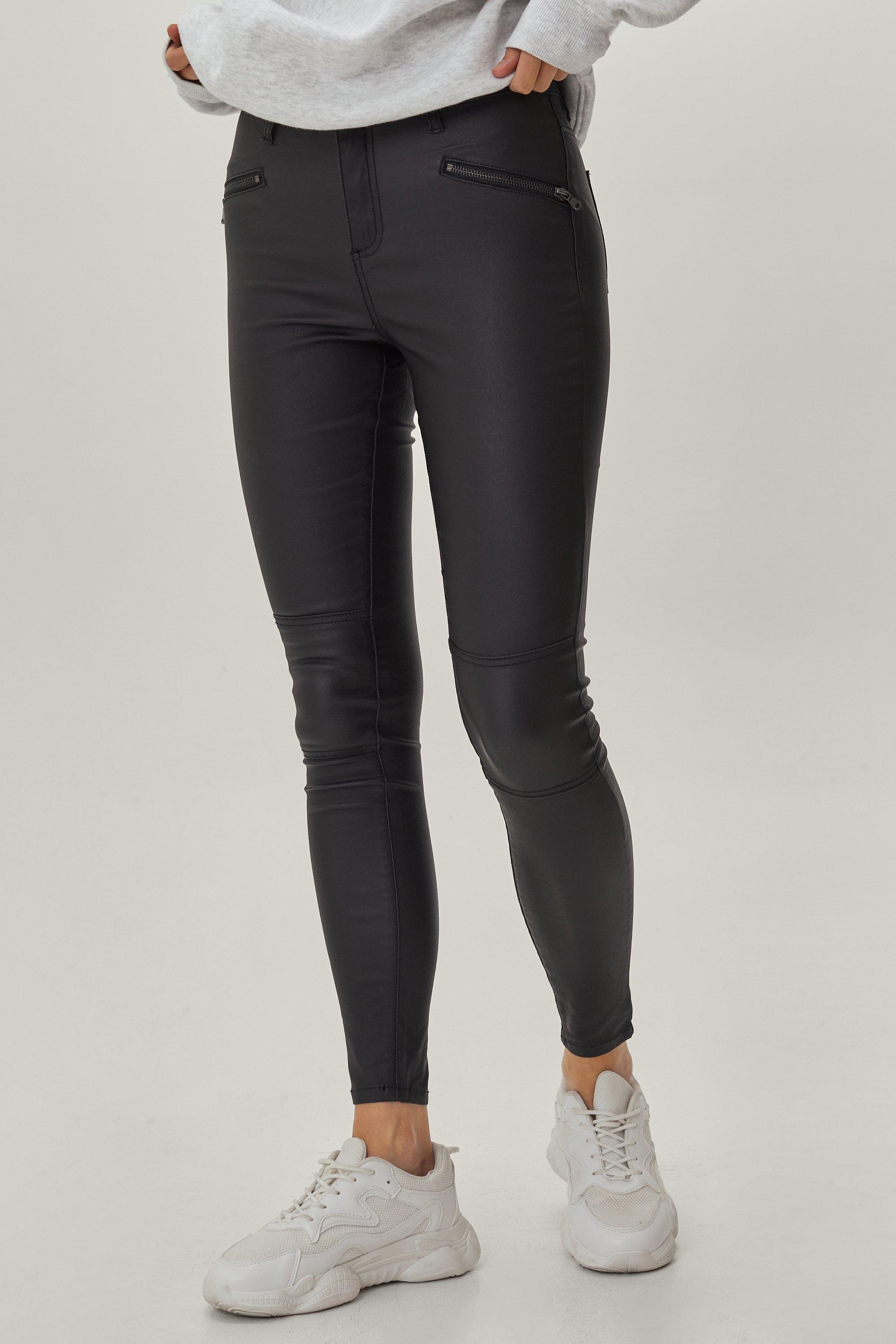 Black Biker Detail Coated Skinny Jeans