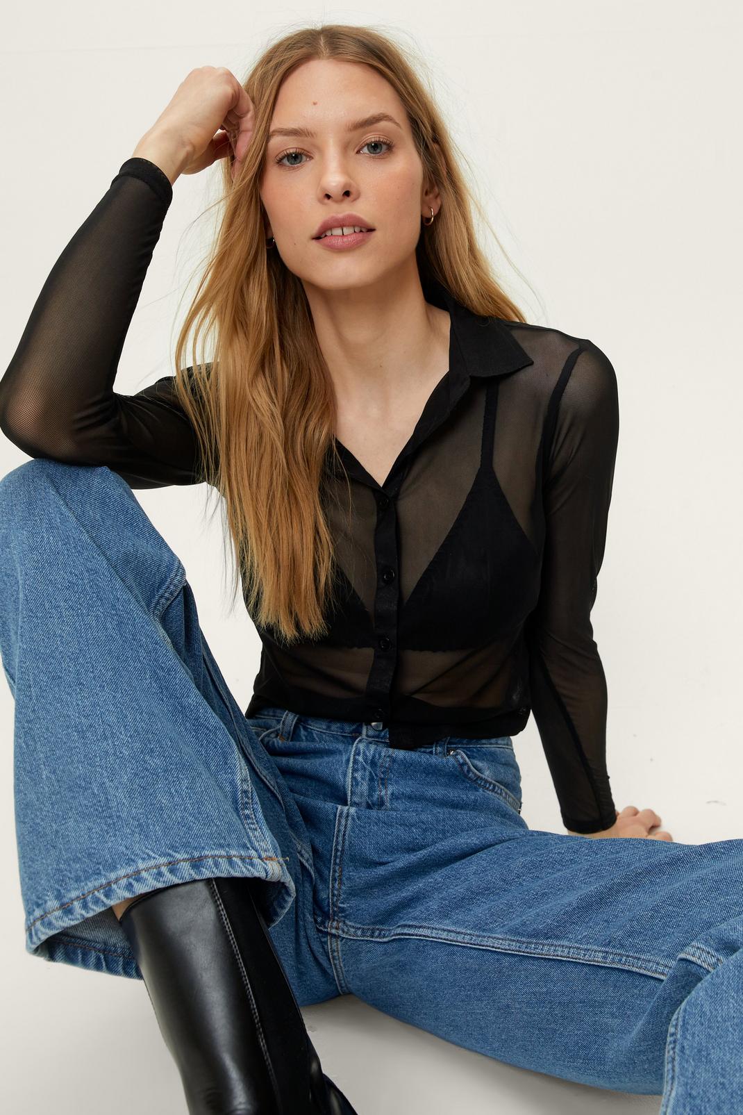 Black Button Down Mesh Long Sleeved Cropped Shirt image number 1
