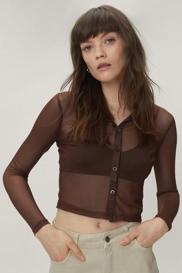 Button Down Mesh Long Sleeved Cropped Shirt chocolate