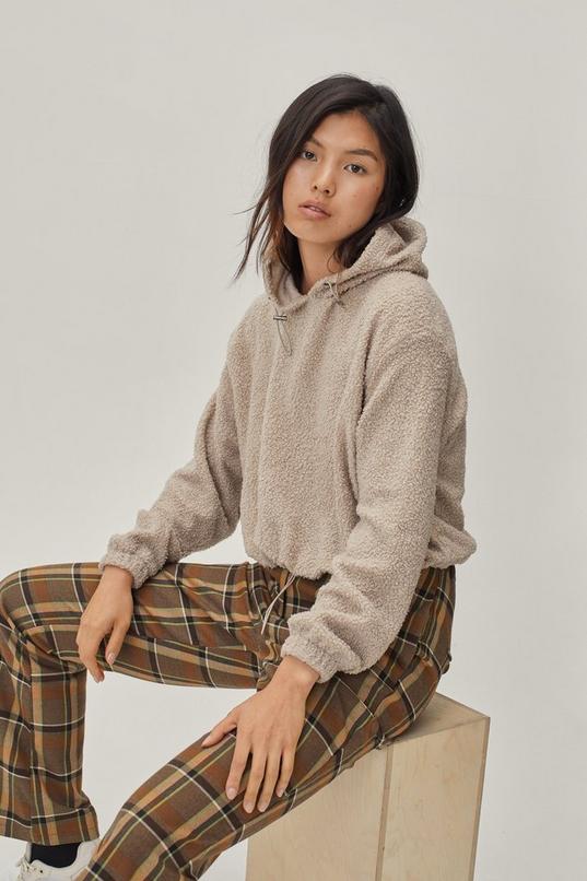 Cropped Borg Hooded Long Sleeve Jumper