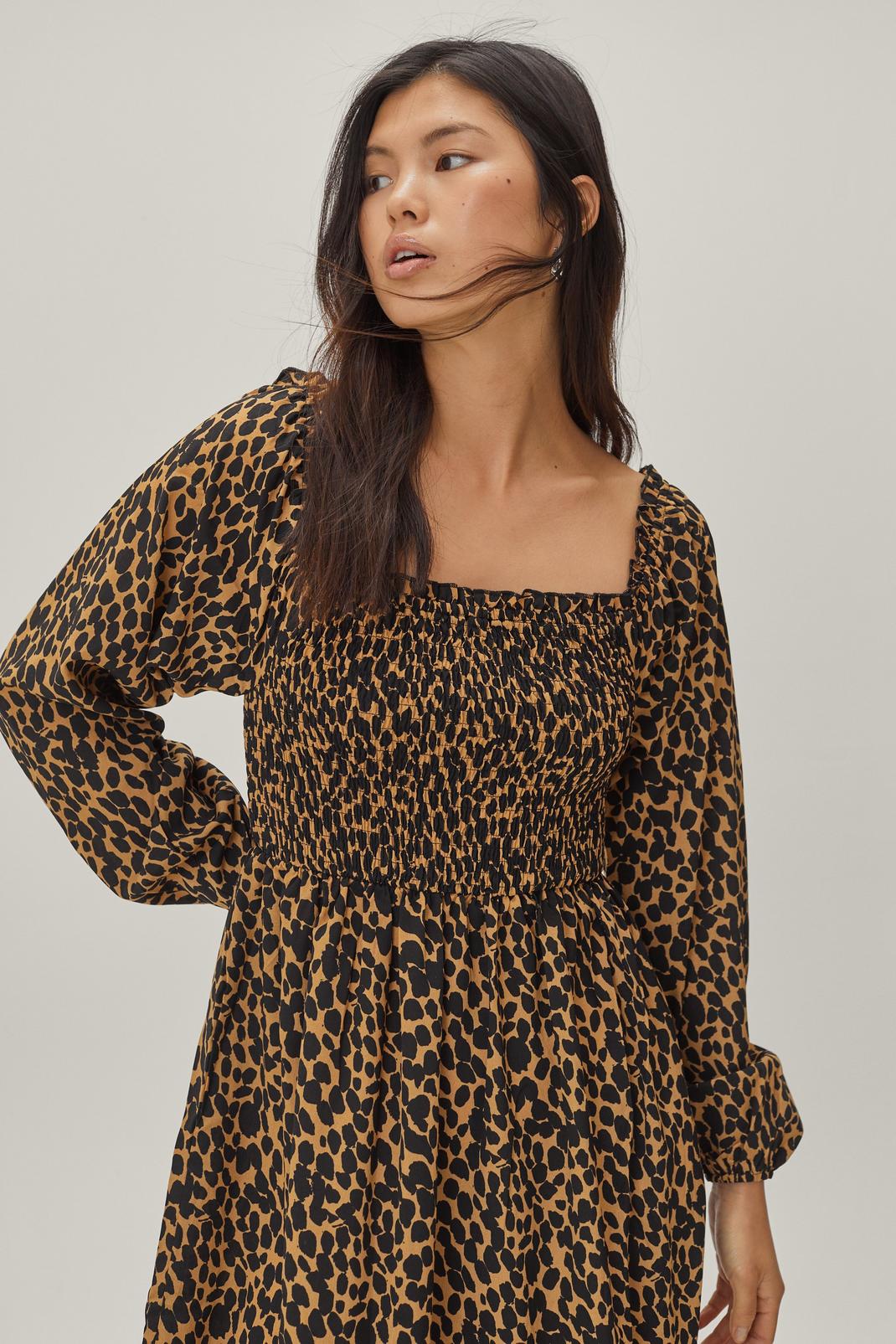 105 Leopard Puff Sleeve Shirred Midi Dress image number 2