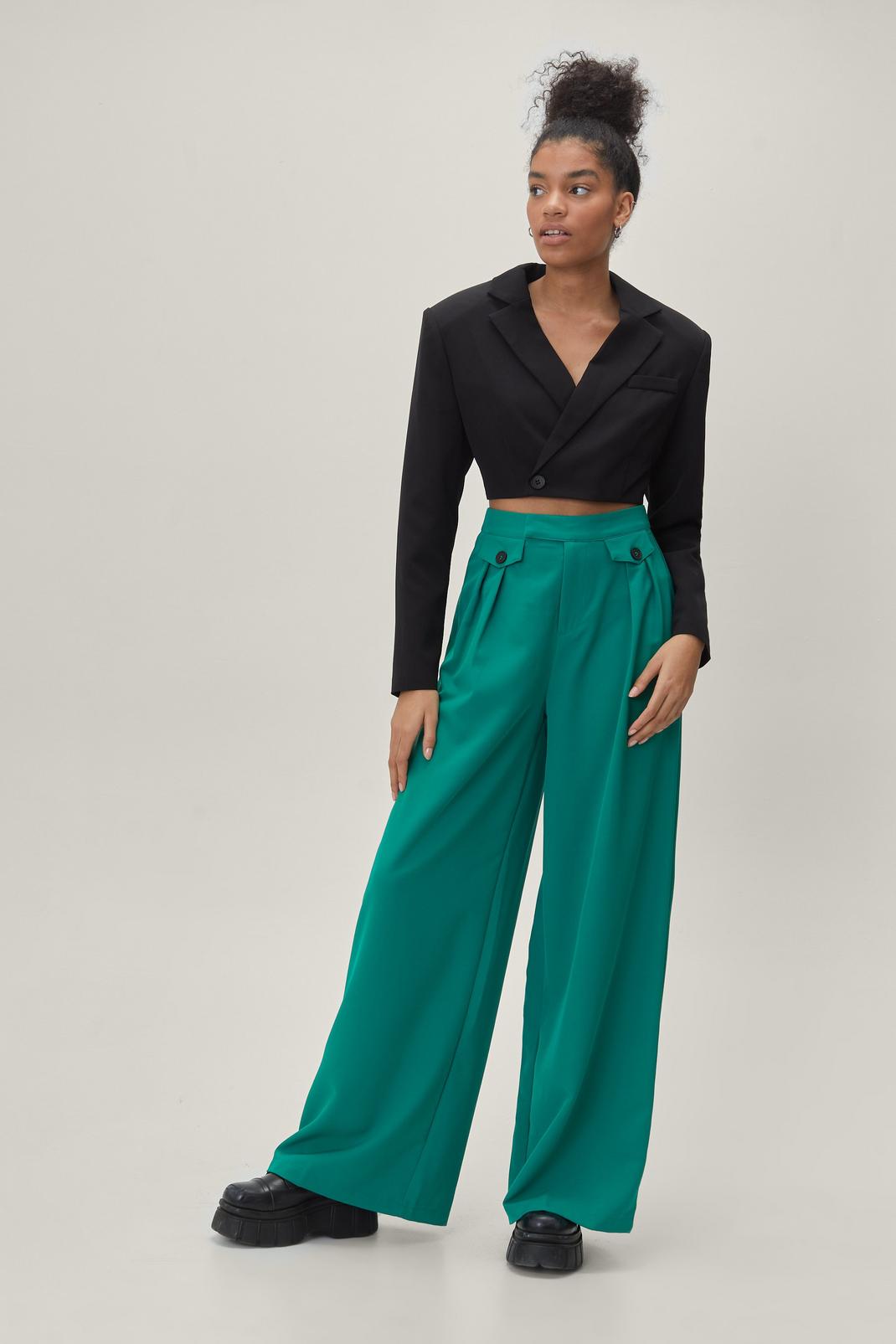 130 Pleated Button Detail Tailored Wide Leg Trousers image number 1