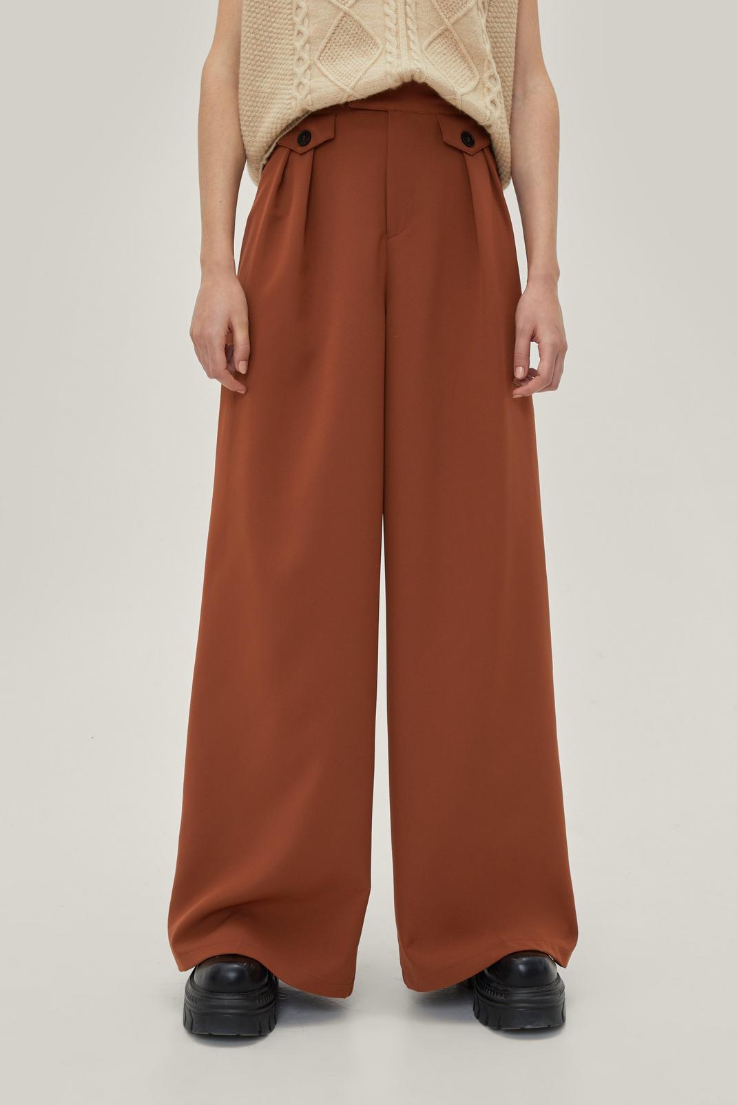 Tan Pleated Button Detail Tailored Wide Leg Trousers image number 1