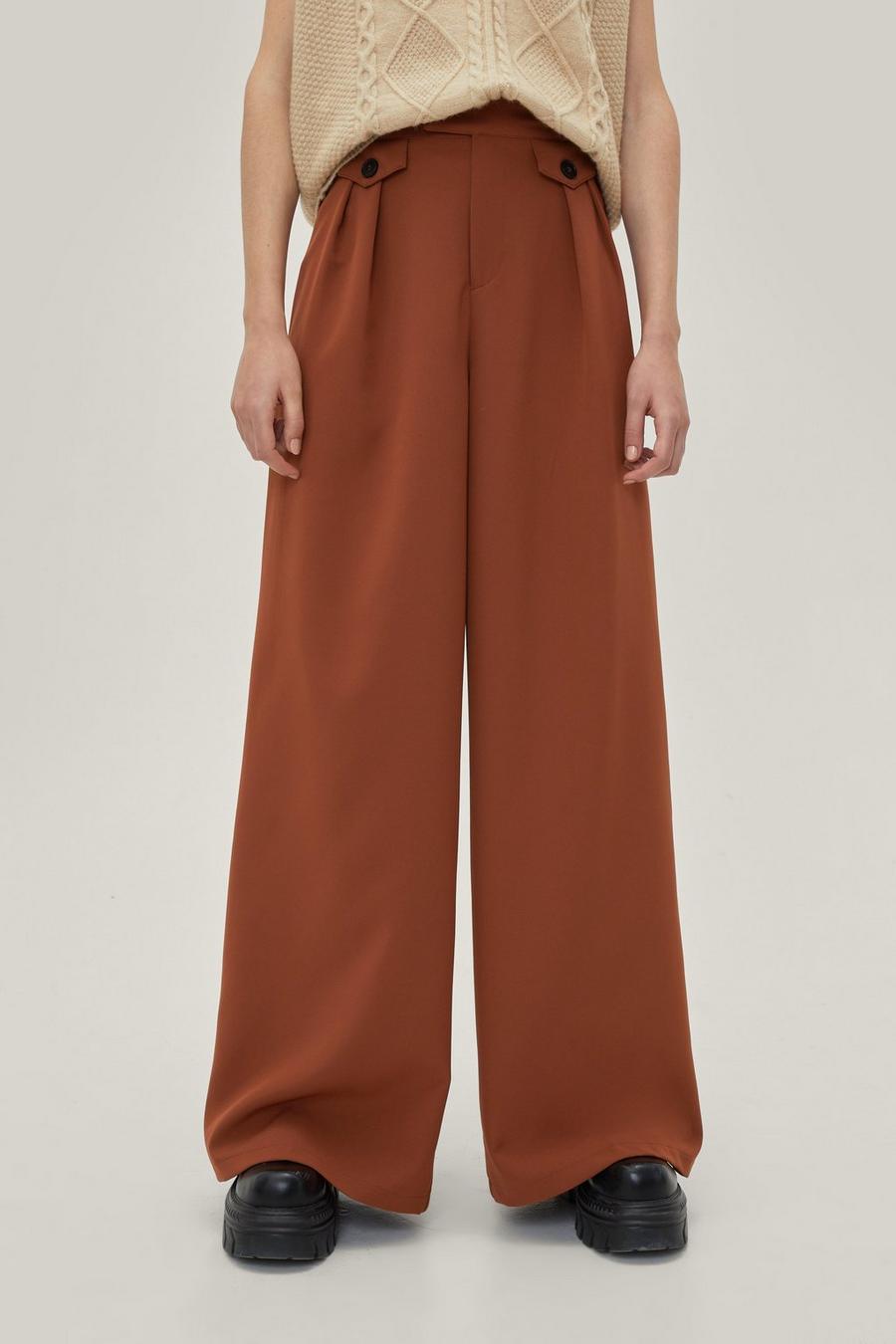 Pleated Button Detail Tailored Wide Leg Pants