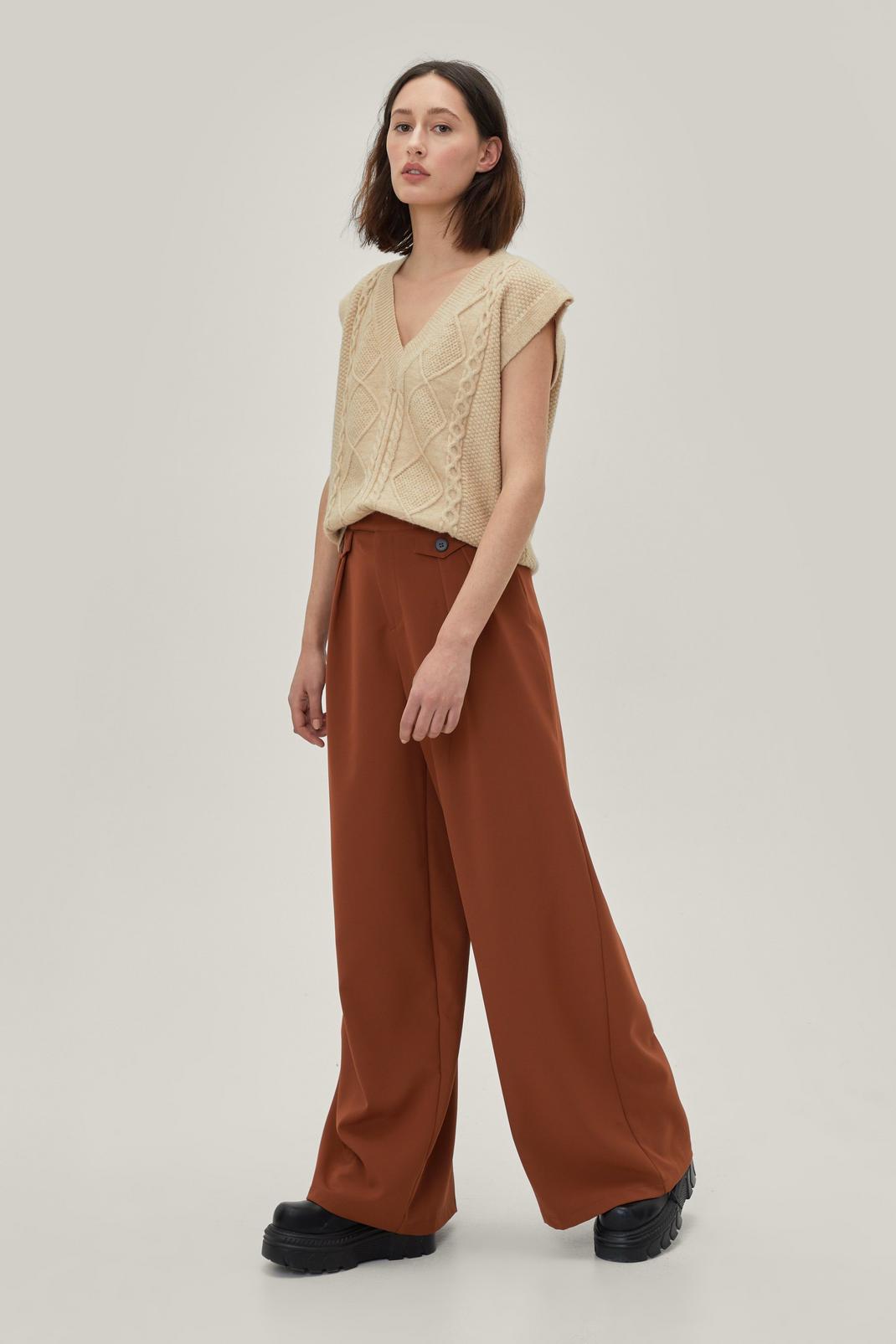166 Pleated Button Detail Tailored Wide Leg Pants image number 2
