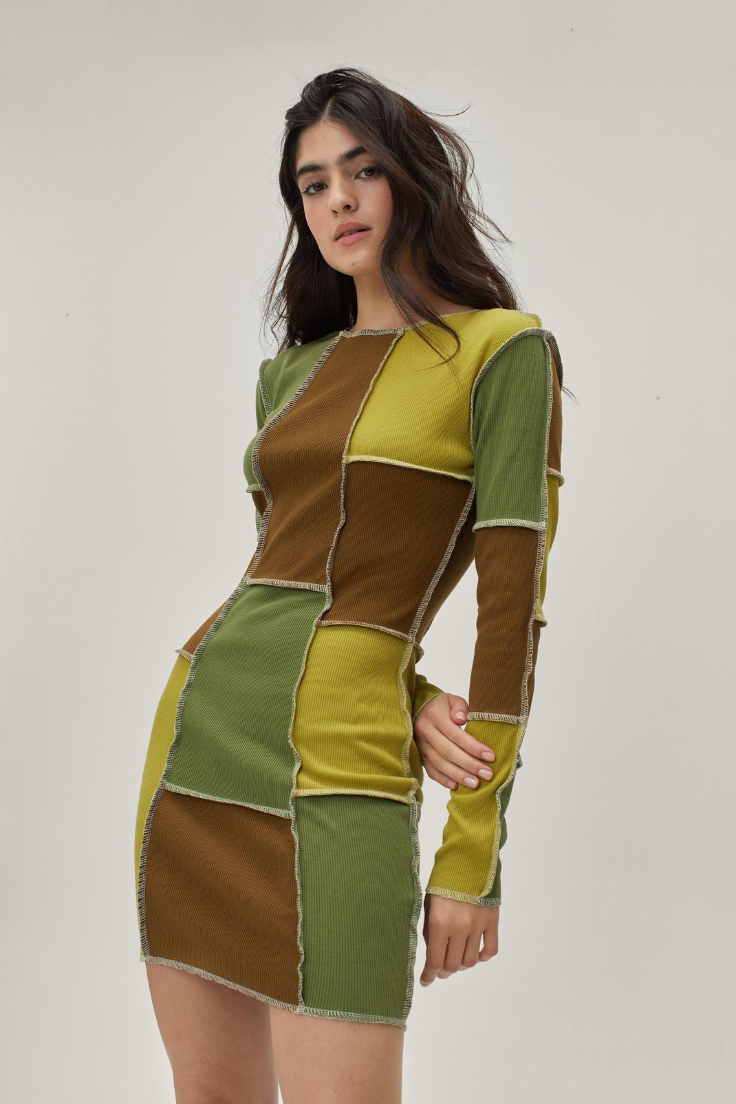 Khaki Patchwork Jersey Mini Dress image number 1