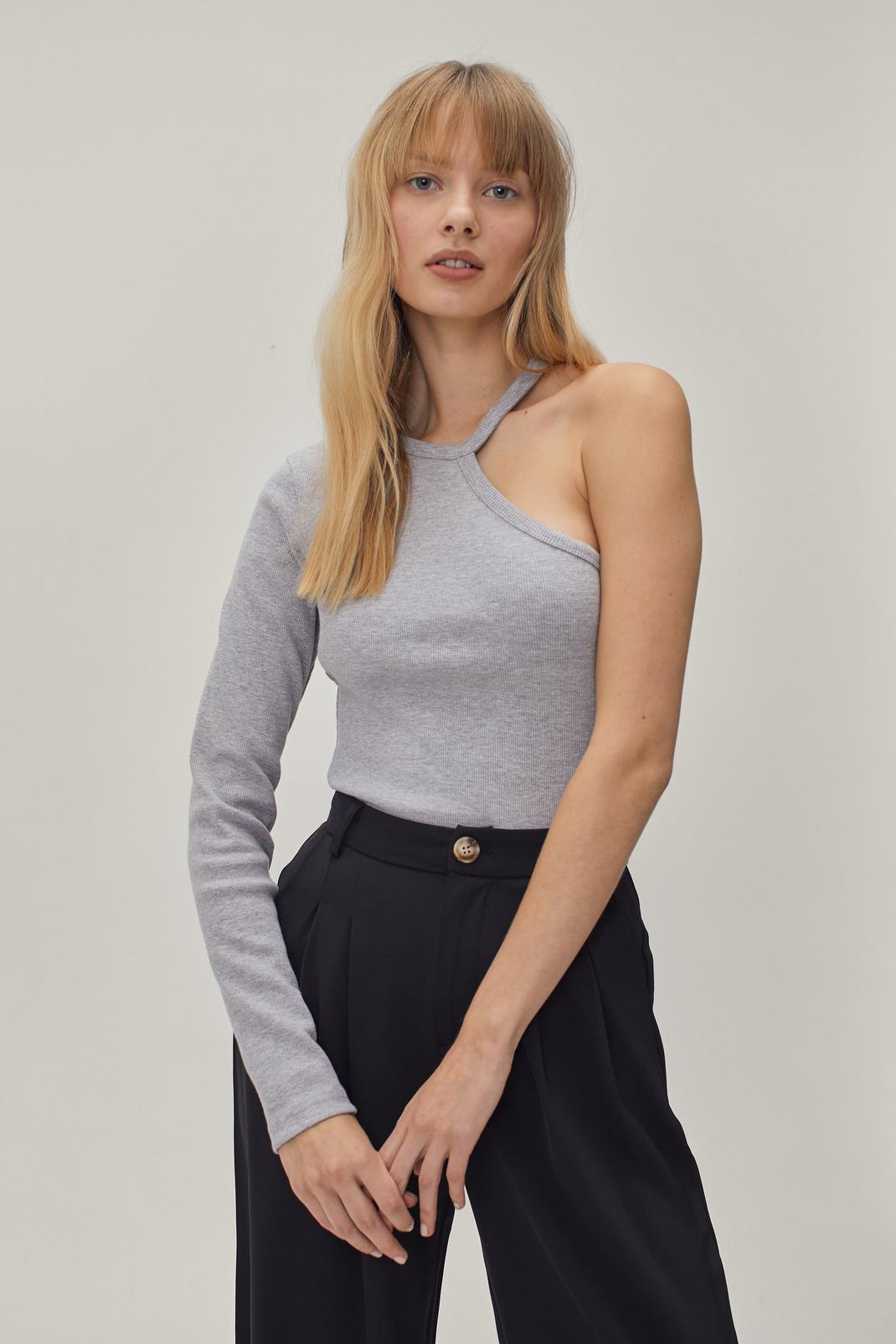 Grey Ribbed One Sleeve Asymmetric Top image number 1