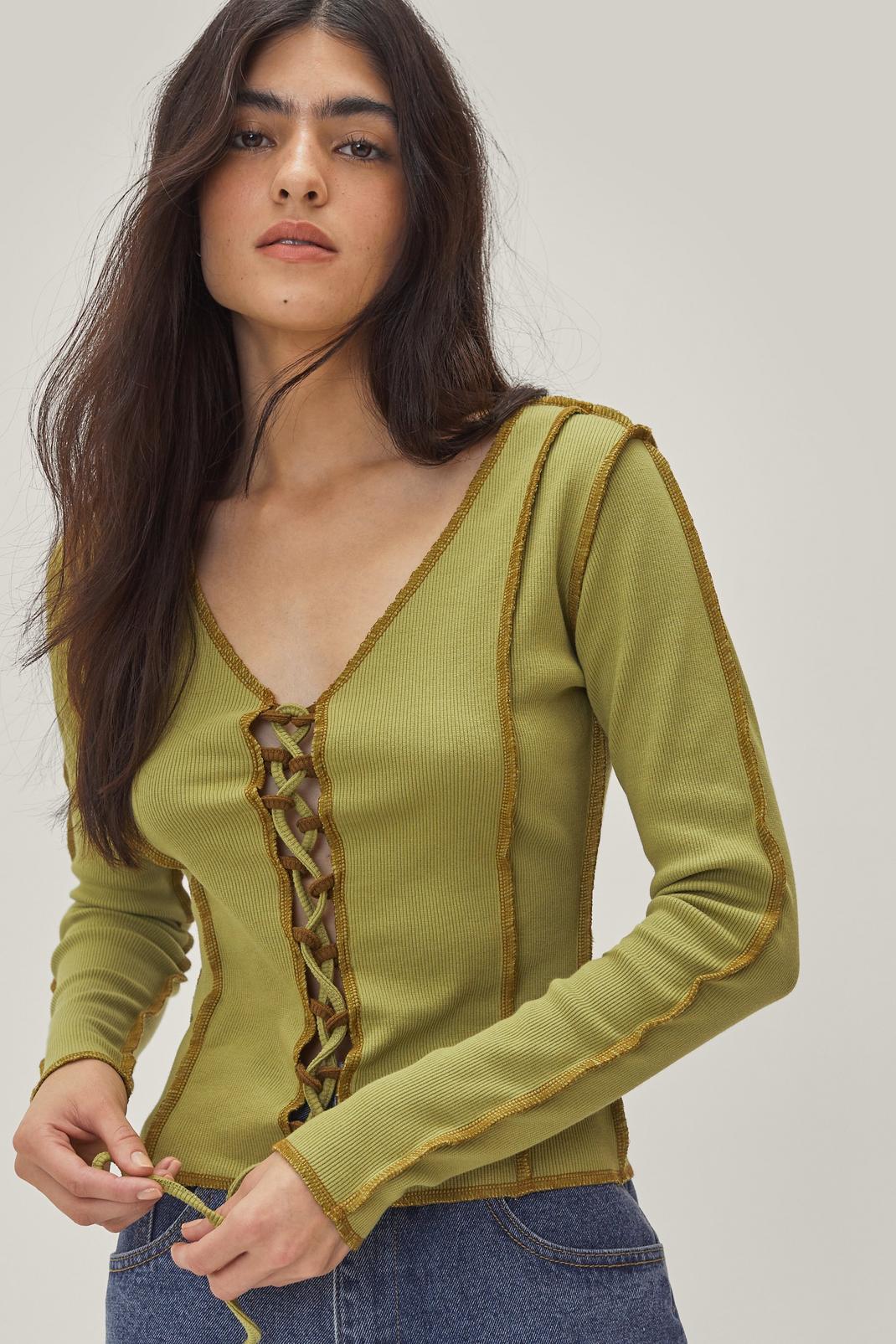 Chartreuse Seam Detail Lace Up Ribbed Long Sleeve Crop Top image number 1