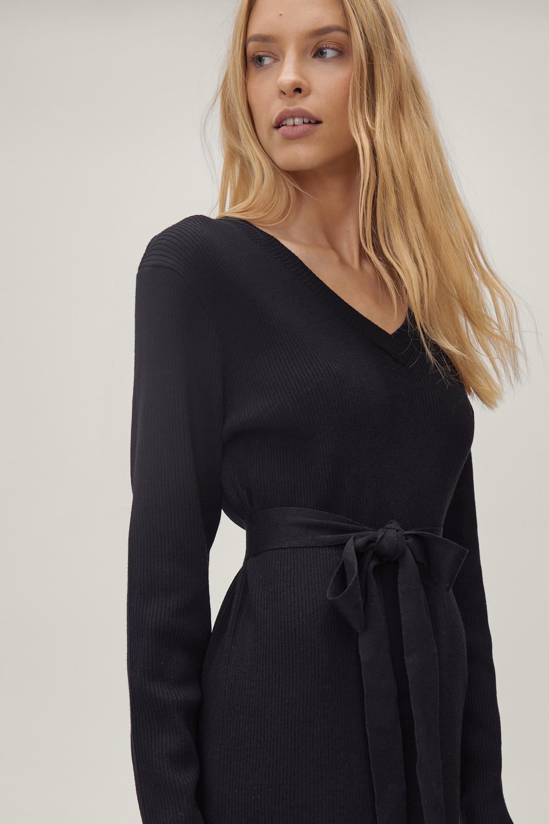 Black Split Side Knitted Midi Dress image number 1